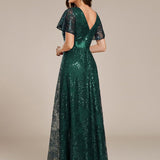 ever CORY|Robe longue de soirée à sequins et manches courtes à col en V Illusion