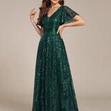 ever CORY|Robe longue de soirée à sequins et manches courtes à col en V Illusion