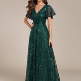ever CORY|Robe longue de soirée à sequins et manches courtes à col en V Illusion
