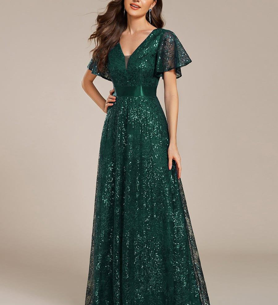 ever CORY|Robe longue de soirée à sequins et manches courtes à col en V Illusion