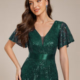 ever CORY|Robe longue de soirée à sequins et manches courtes à col en V Illusion