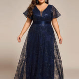 ever CORY|Robe longue de soirée à sequins et manches courtes à col en V Illusion