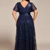 ever CORY|Robe longue de soirée à sequins et manches courtes à col en V Illusion