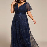 ever CORY|Robe longue de soirée à sequins et manches courtes à col en V Illusion