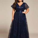 ever CORY|Robe longue de soirée à sequins et manches courtes à col en V Illusion