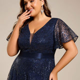 ever CORY|Robe longue de soirée à sequins et manches courtes à col en V Illusion