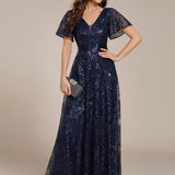 ever CORY|Robe longue de soirée à sequins et manches courtes à col en V Illusion