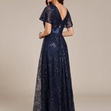 ever CORY|Robe longue de soirée à sequins et manches courtes à col en V Illusion