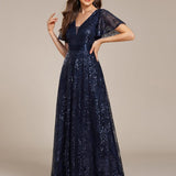 ever CORY|Robe longue de soirée à sequins et manches courtes à col en V Illusion