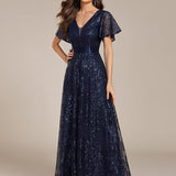ever CORY|Robe longue de soirée à sequins et manches courtes à col en V Illusion