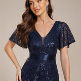 ever CORY|Robe longue de soirée à sequins et manches courtes à col en V Illusion