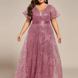ever CORY|Robe longue de soirée à sequins et manches courtes à col en V Illusion