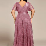 ever CORY|Robe longue de soirée à sequins et manches courtes à col en V Illusion