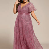 ever CORY|Robe longue de soirée à sequins et manches courtes à col en V Illusion