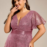 ever CORY|Robe longue de soirée à sequins et manches courtes à col en V Illusion
