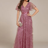 ever CORY|Robe longue de soirée à sequins et manches courtes à col en V Illusion