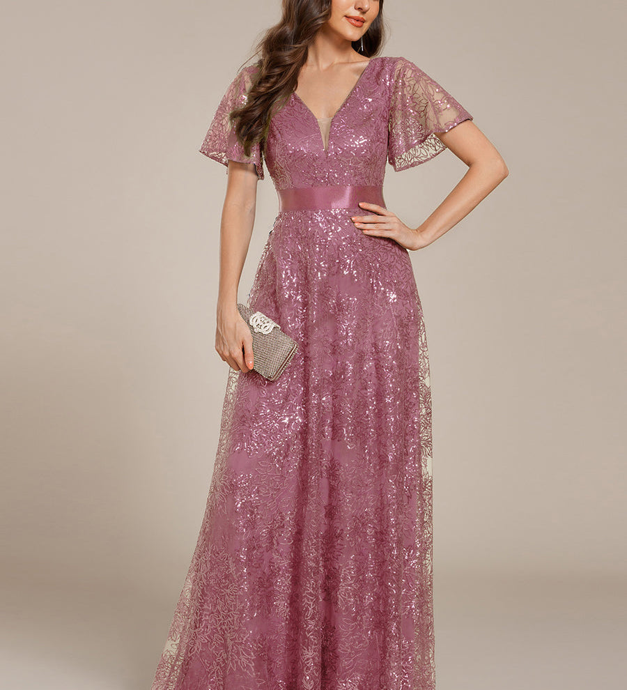 ever CORY|Robe longue de soirée à sequins et manches courtes à col en V Illusion
