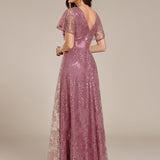 ever CORY|Robe longue de soirée à sequins et manches courtes à col en V Illusion
