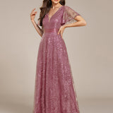ever CORY|Robe longue de soirée à sequins et manches courtes à col en V Illusion
