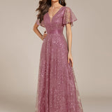 ever CORY|Robe longue de soirée à sequins et manches courtes à col en V Illusion