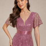 ever CORY|Robe longue de soirée à sequins et manches courtes à col en V Illusion