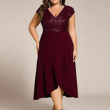 ever BAYLOR|Robe de soirée mi-longue à manches courtes en mousseline asymétrique à sequins