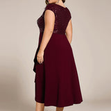 ever BAYLOR|Robe de soirée mi-longue à manches courtes en mousseline asymétrique à sequins