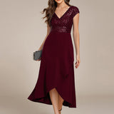 ever BAYLOR|Robe de soirée mi-longue à manches courtes en mousseline asymétrique à sequins
