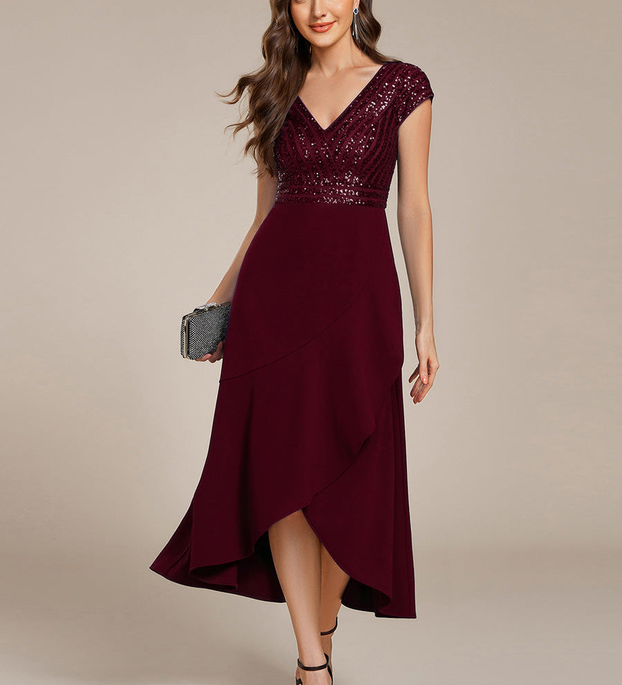 ever BAYLOR|Robe de soirée mi-longue à manches courtes en mousseline asymétrique à sequins