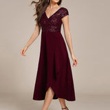 ever BAYLOR|Robe de soirée mi-longue à manches courtes en mousseline asymétrique à sequins