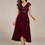 ever BAYLOR|Robe de soirée mi-longue à manches courtes en mousseline asymétrique à sequins