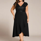 ever BAYLOR|Robe de soirée mi-longue à manches courtes en mousseline asymétrique à sequins