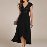 ever BAYLOR|Robe de soirée mi-longue à manches courtes en mousseline asymétrique à sequins
