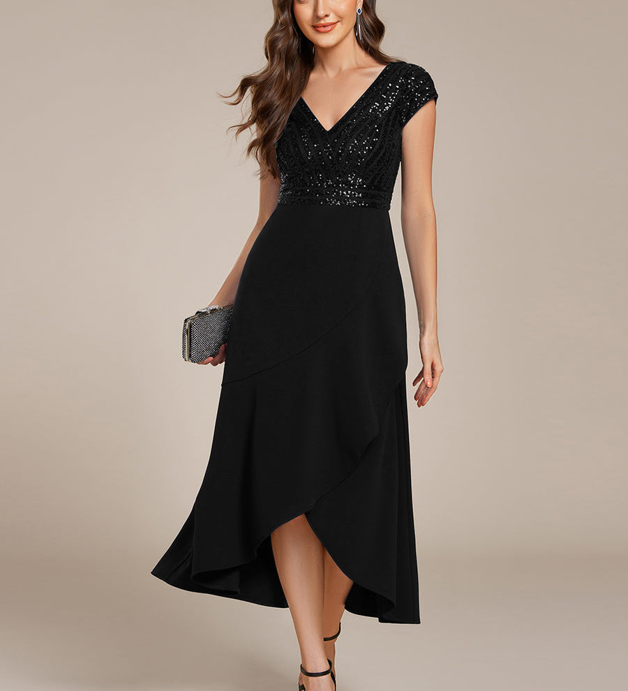 ever BAYLOR|Robe de soirée mi-longue à manches courtes en mousseline asymétrique à sequins