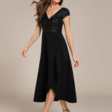 ever BAYLOR|Robe de soirée mi-longue à manches courtes en mousseline asymétrique à sequins