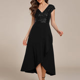 ever BAYLOR|Robe de soirée mi-longue à manches courtes en mousseline asymétrique à sequins