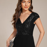 ever BAYLOR|Robe de soirée mi-longue à manches courtes en mousseline asymétrique à sequins