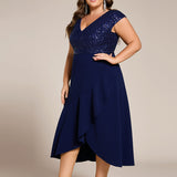 ever BAYLOR|Robe de soirée mi-longue à manches courtes en mousseline asymétrique à sequins
