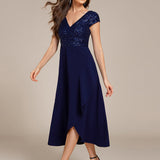 ever BAYLOR|Robe de soirée mi-longue à manches courtes en mousseline asymétrique à sequins