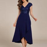 ever BAYLOR|Robe de soirée mi-longue à manches courtes en mousseline asymétrique à sequins