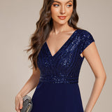 ever BAYLOR|Robe de soirée mi-longue à manches courtes en mousseline asymétrique à sequins