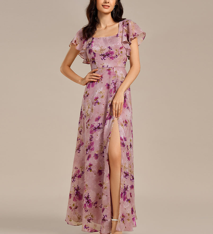 Robe de soirée à manches volantées et col carré