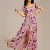 Robe de soirée à manches volantées et col carré