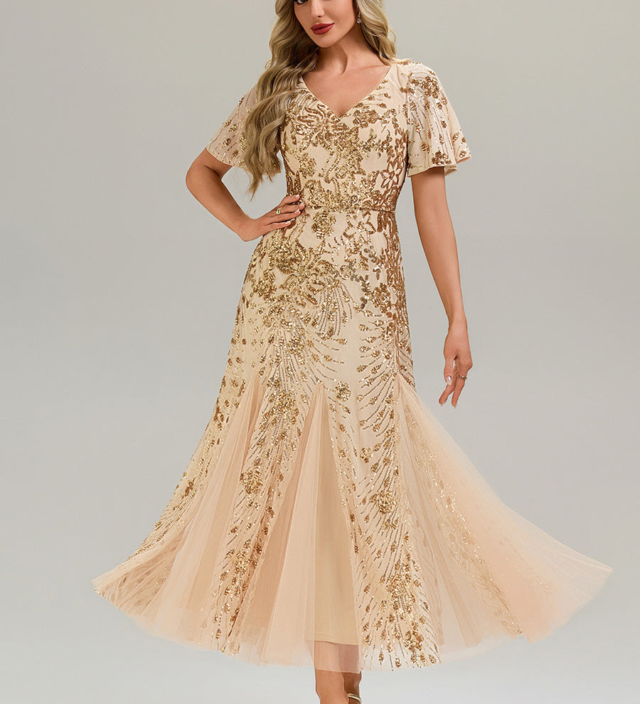 ever ANNIKA|Robe de soirée brodée à paillettes et manches à volants