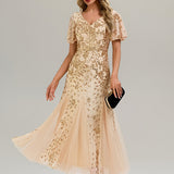 ever ANNIKA|Robe de soirée brodée à paillettes et manches à volants