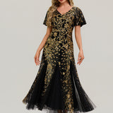 ever ANNIKA|Robe de soirée brodée à paillettes et manches à volants