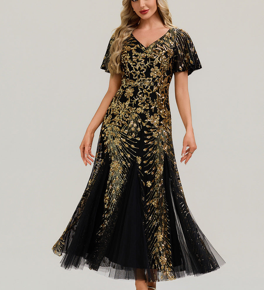 ever ANNIKA|Robe de soirée brodée à paillettes et manches à volants