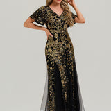 ever ANNIKA|Robe de soirée brodée à paillettes et manches à volants