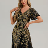 ever ANNIKA|Robe de soirée brodée à paillettes et manches à volants