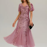 ever ANNIKA|Robe de soirée brodée à paillettes et manches à volants